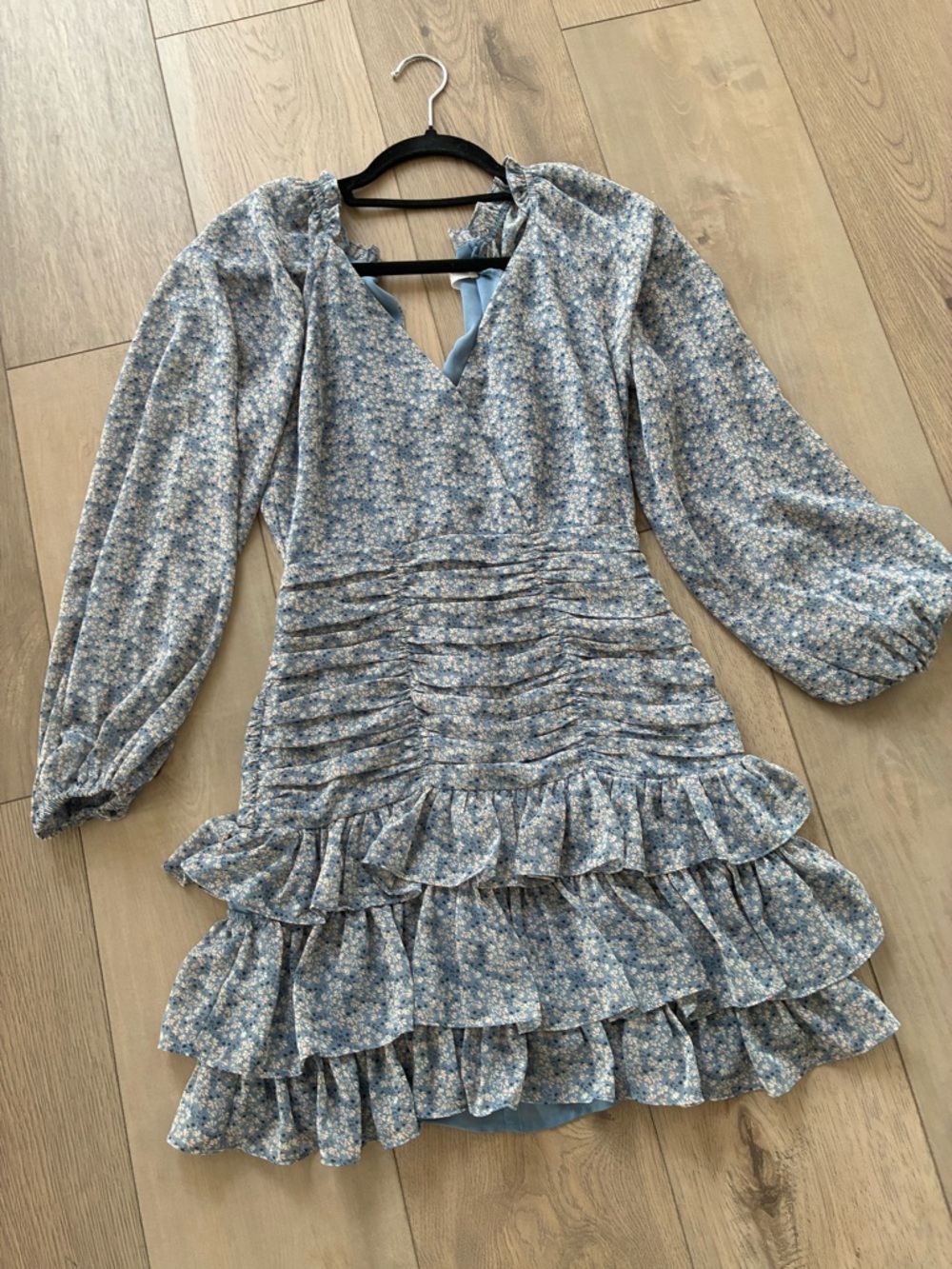 Astr Blue Floral Ruffle Long-Sleeve Mini Dress
